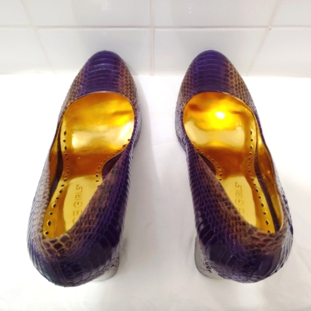 BCBG Calista Snakeskin Leather Heels Purple Gold 3" Block Heel US 7 - Picture 8 of 13